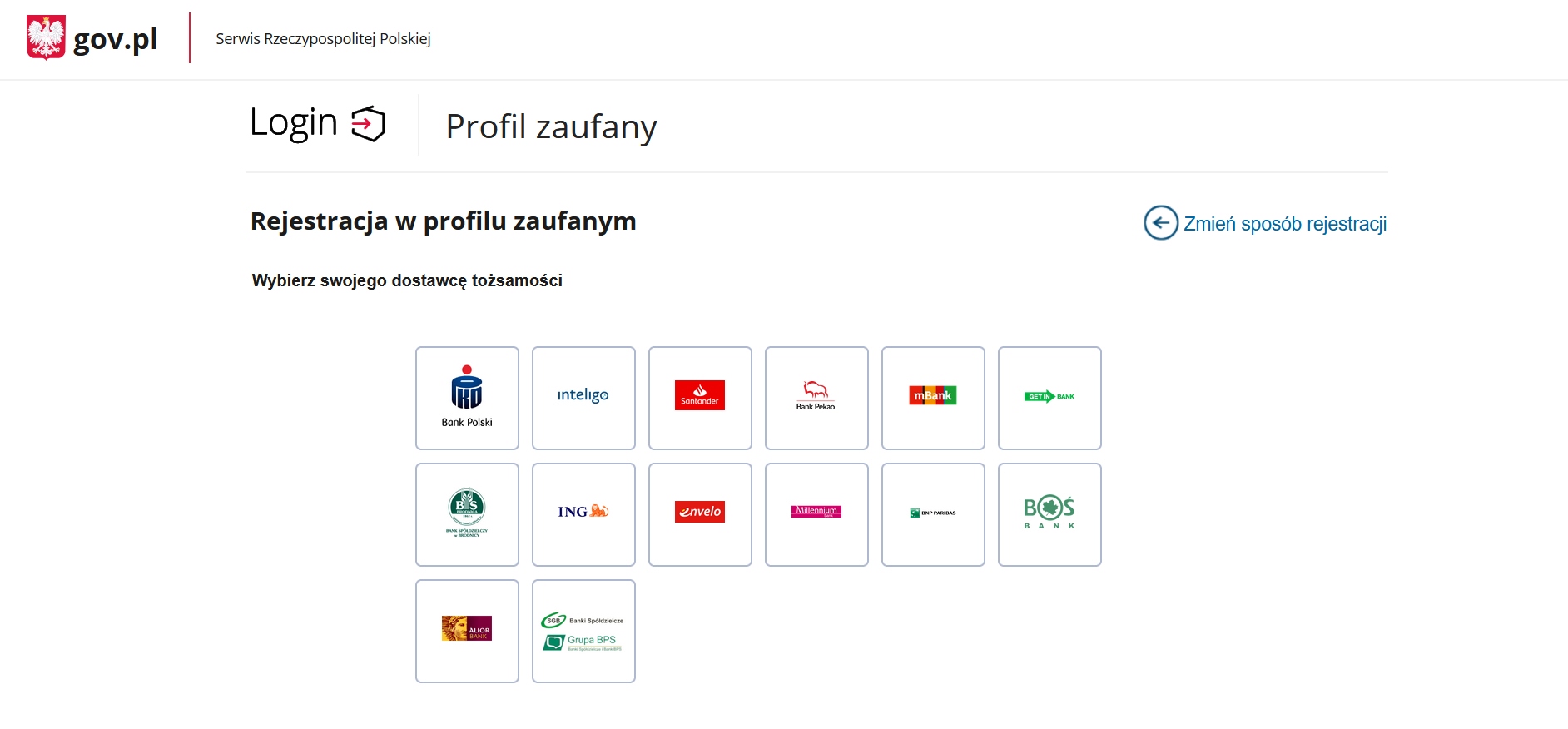 Banki umożliwiające założenie Profilu Zaufanego. Widok ekranu w sekcji "Profil Zaufany" na stronach gov.pl