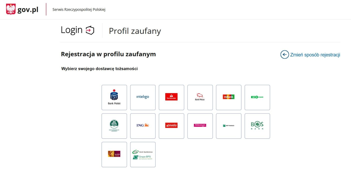 Banki umożliwiające założenie Profilu Zaufanego. Widok ekranu w sekcji "Profil Zaufany" na stronach gov.pl